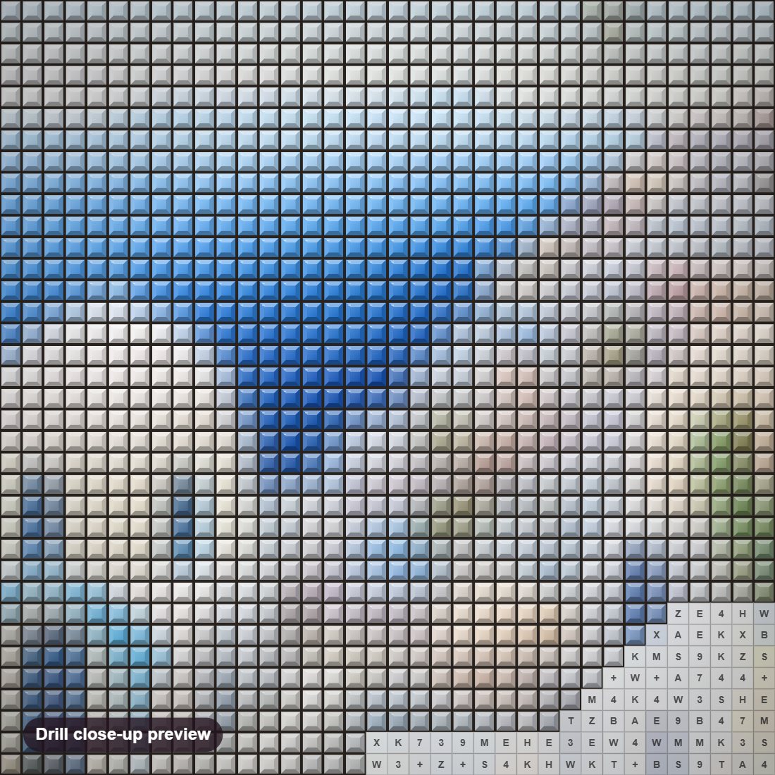 Close-up preview of the Santorini Island View diamond painting with square 5D drills and printed canvas symbols