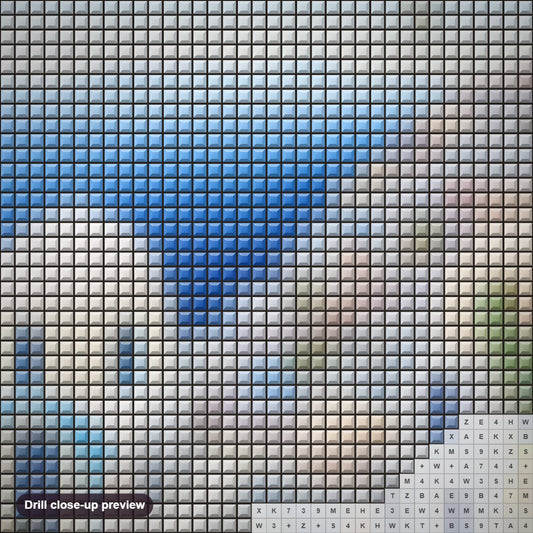 Close-up preview of the Santorini Island View diamond painting with square 5D drills and printed canvas symbols