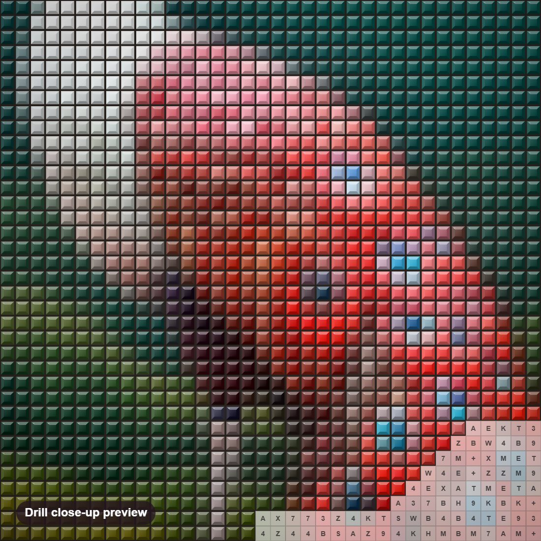 Close-up preview of the Scarlet Beauty Peacock diamond painting with square 5D drills and printed canvas symbols