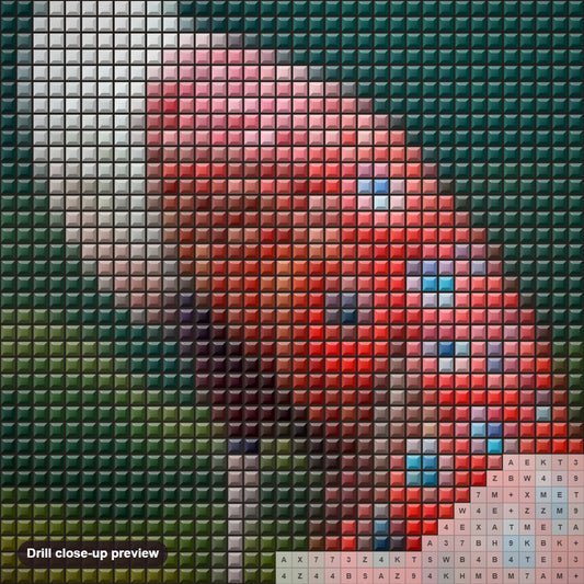 Close-up preview of the Scarlet Beauty Peacock diamond painting with square 5D drills and printed canvas symbols