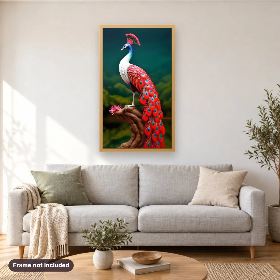 Scarlet Beauty Peacock diamond painting shown framed on a living room wall above a sofa