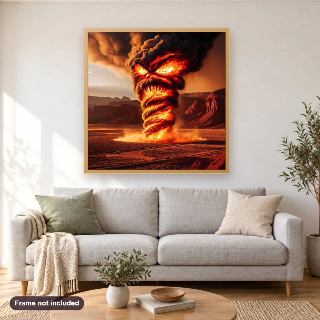 Scary Faces in Fiery Whirlwinds diamond painting shown framed on a living room wall above a sofa