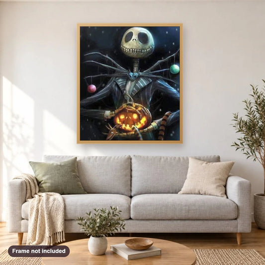 Scary Halloween diamond painting shown framed on a living room wall above a sofa