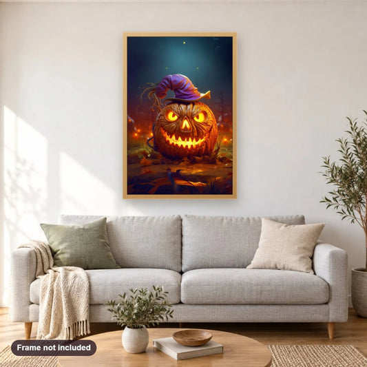 Scary Halloween Pumpkin diamond painting shown framed on a living room wall above a sofa