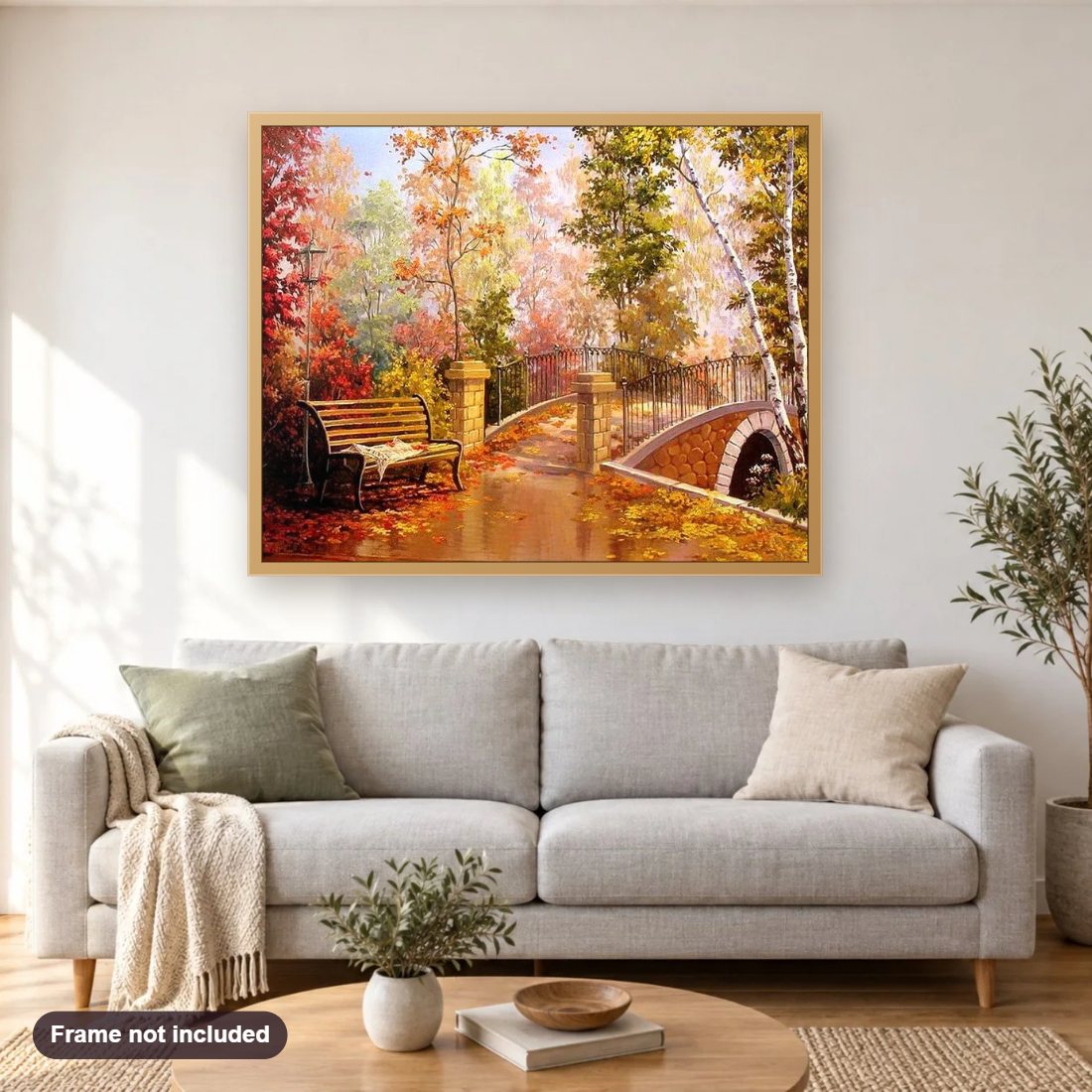 Scenic Bridge diamond painting shown framed on a living room wall above a sofa