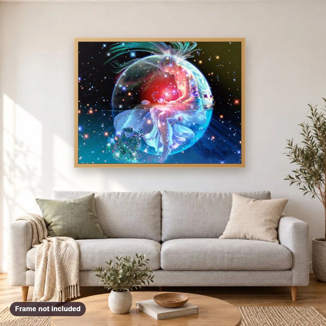 Scorpio Zodiac diamond painting shown framed on a living room wall above a sofa