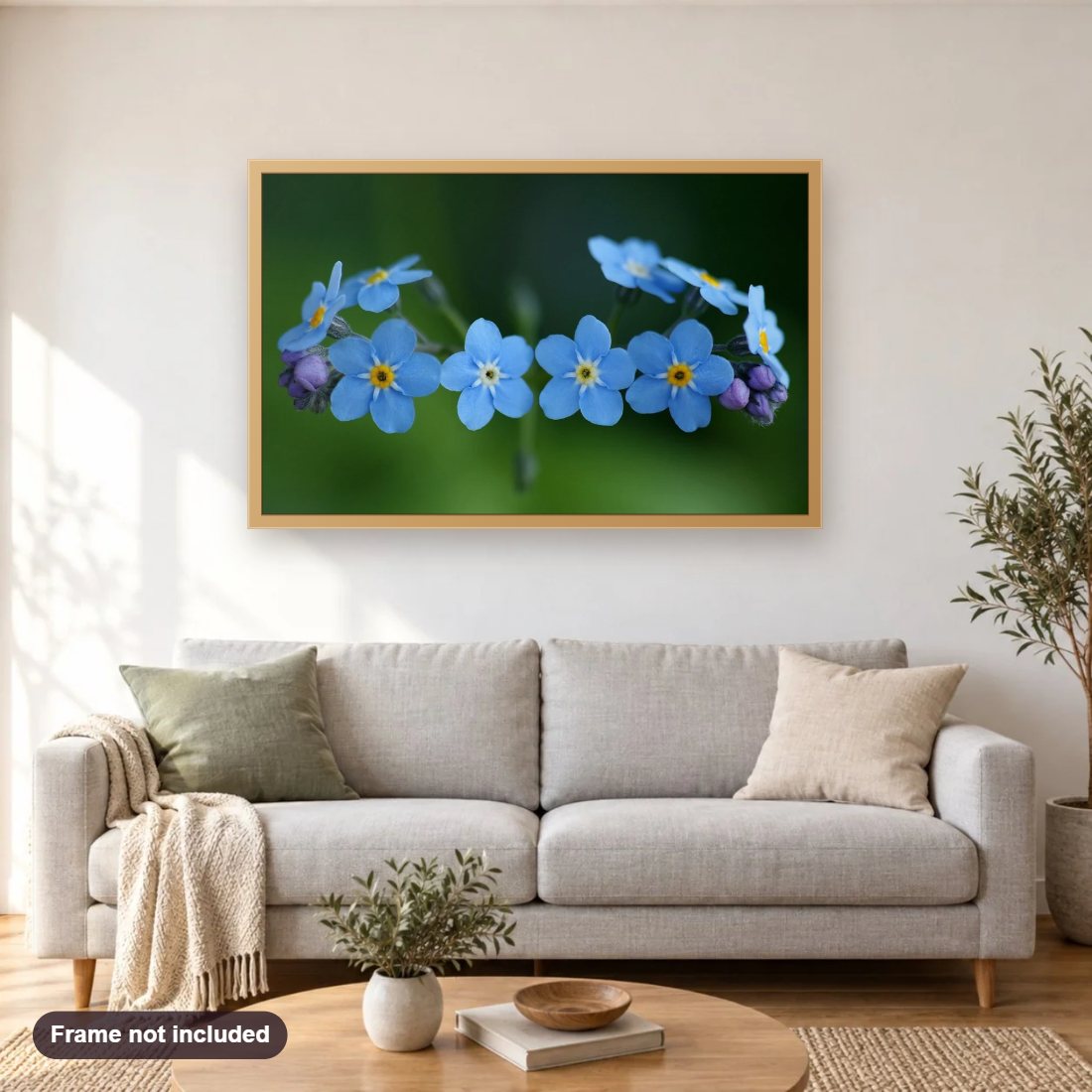 Scorpion Grasses diamond painting shown framed on a living room wall above a sofa