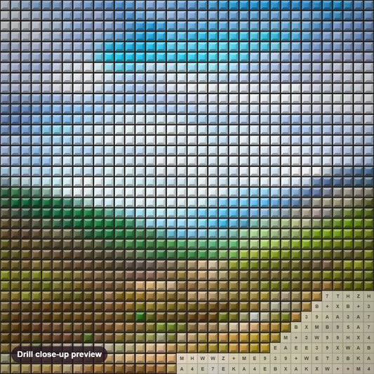 Close-up preview of the Scottish Highlands diamond painting with square 5D drills and printed canvas symbols