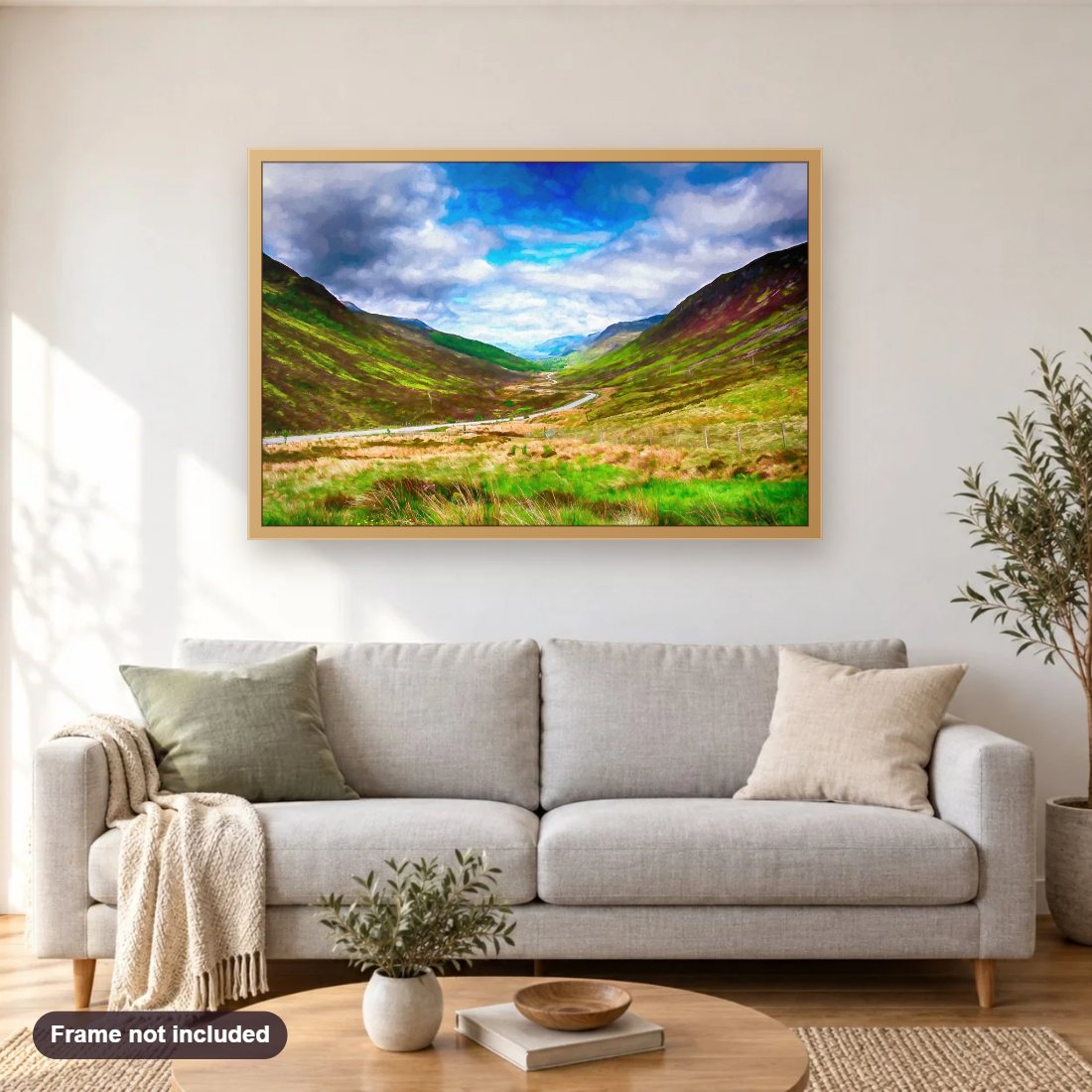 Scottish Highlands diamond painting shown framed on a living room wall above a sofa