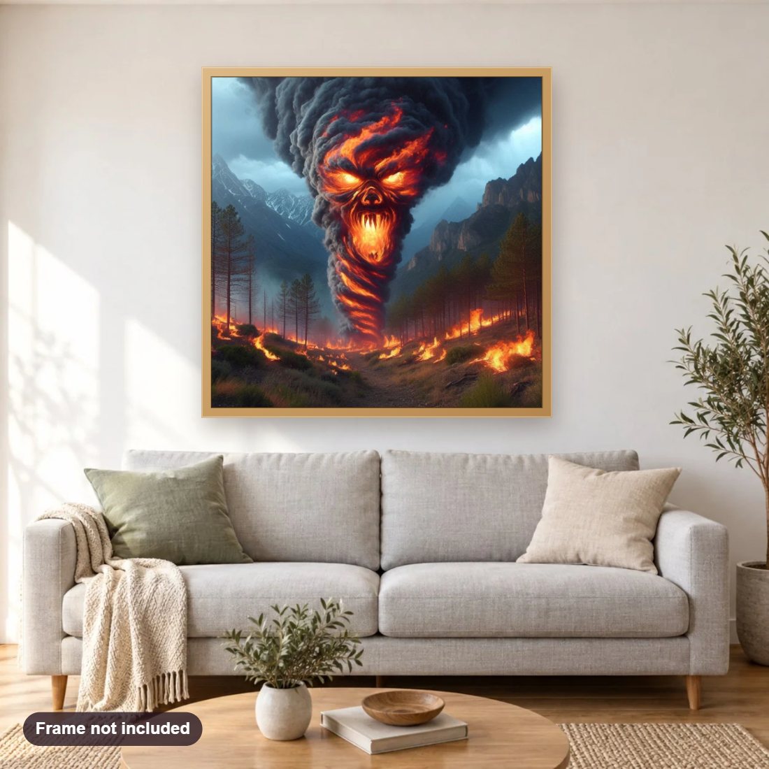 Screaming Scary faces of Fire Tornados diamond painting shown framed on a living room wall above a sofa
