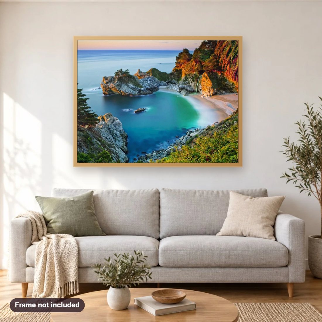 Sea Landscape diamond painting shown framed on a living room wall above a sofa