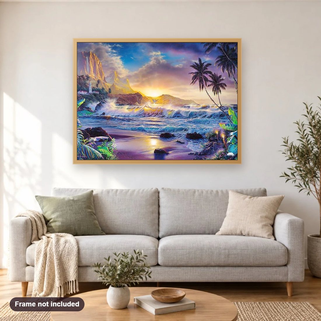 Sea Side Palm Trees & Mountains diamond painting shown framed on a living room wall above a sofa