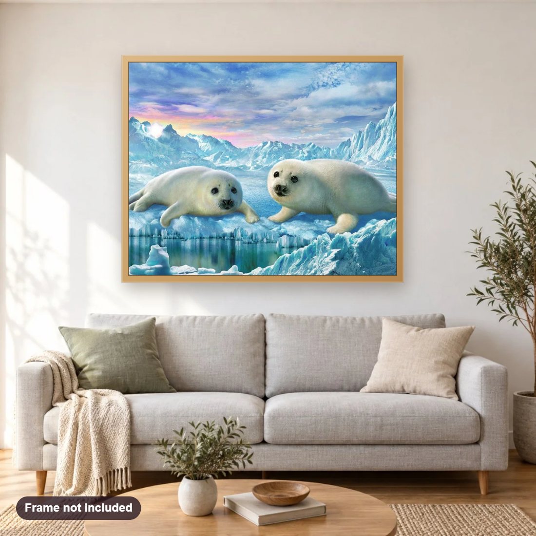 Seals Pair diamond painting shown framed on a living room wall above a sofa