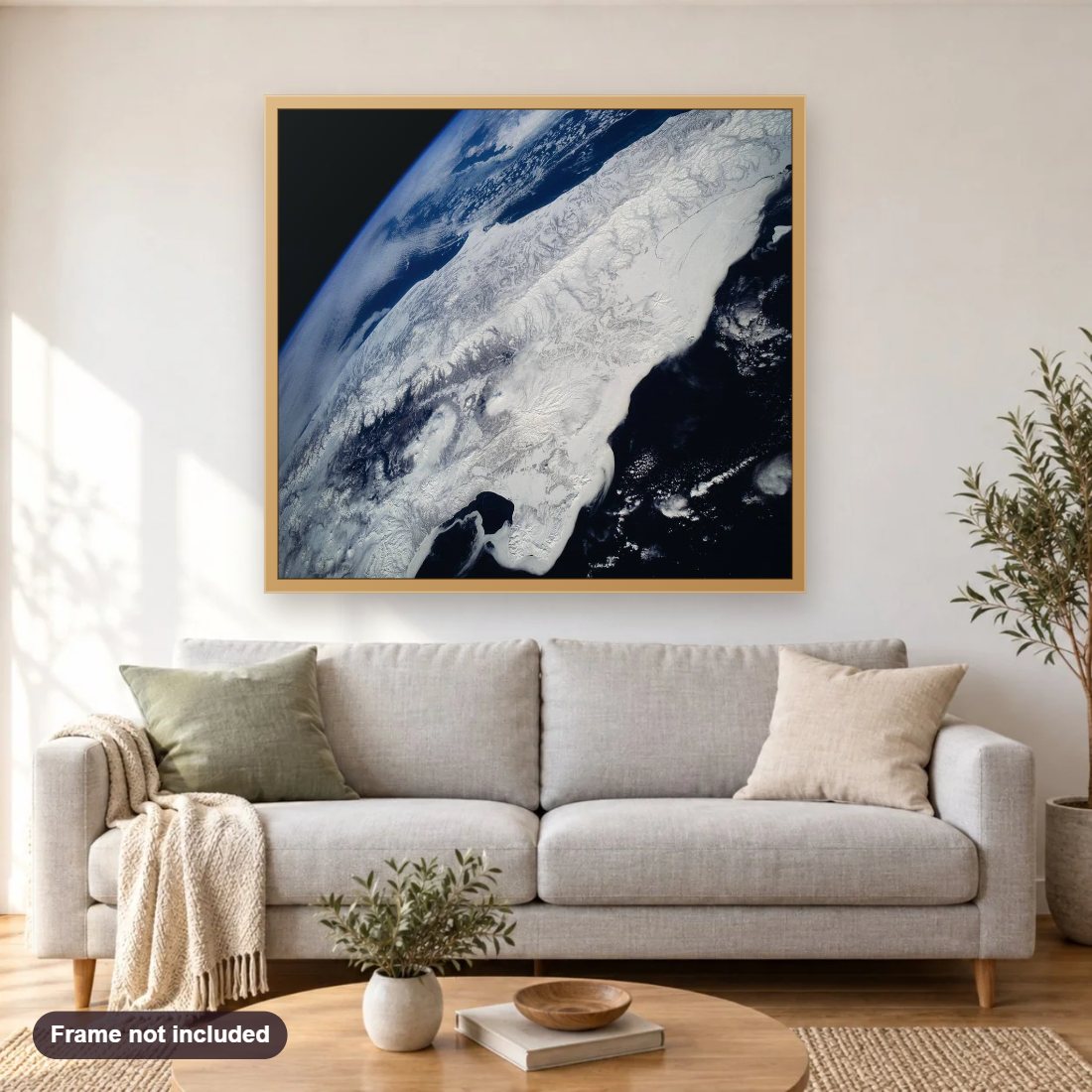 Searching for Freshwater In Snowy Places diamond painting shown framed on a living room wall above a sofa