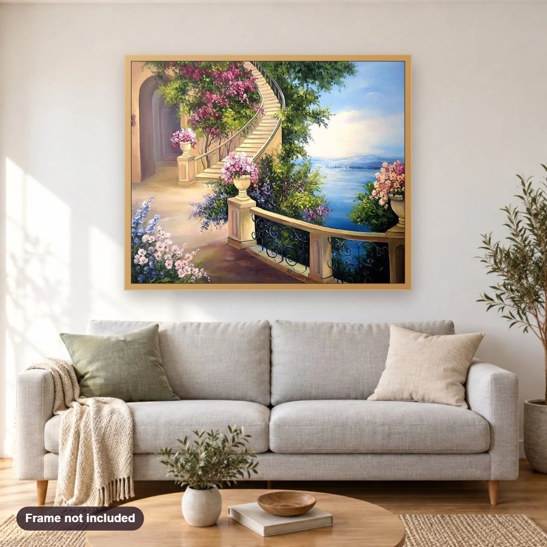 Seaside Light Villa Stairs diamond painting shown framed on a living room wall above a sofa
