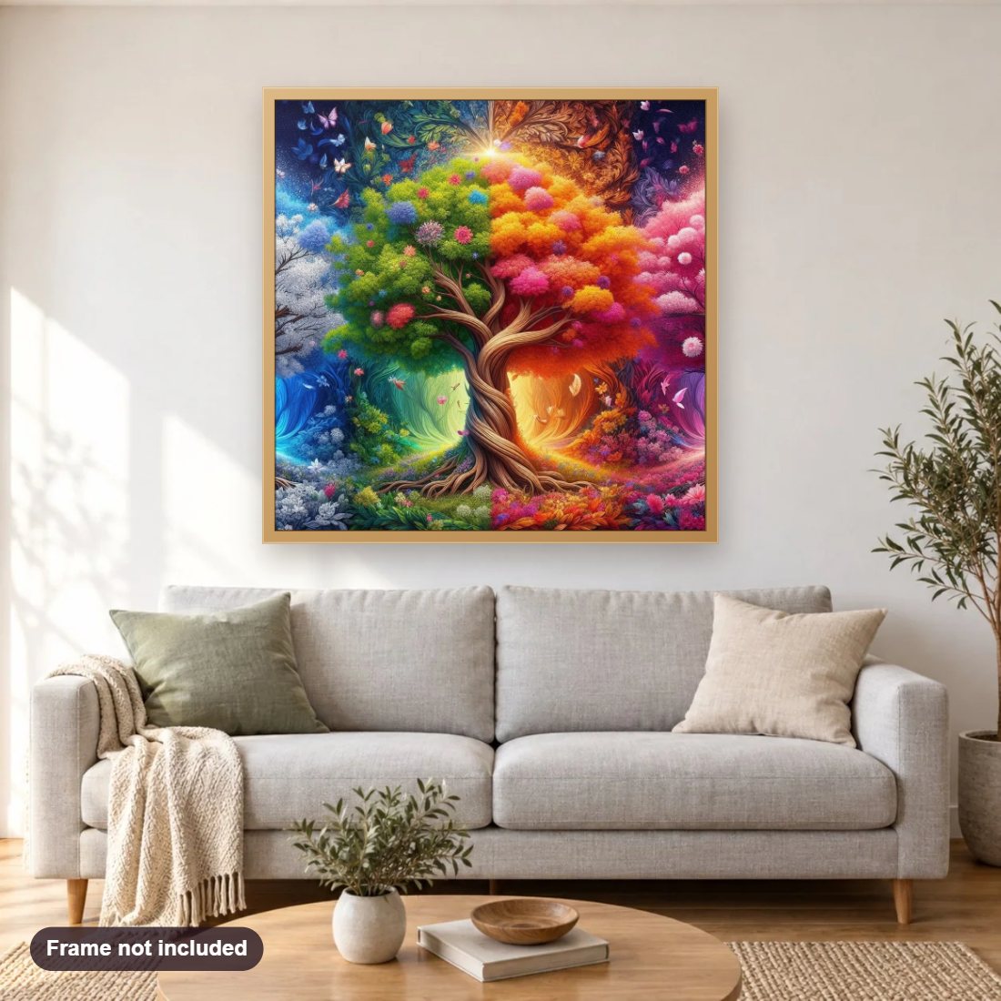 Seasonal Elegance diamond painting shown framed on a living room wall above a sofa