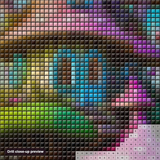 Close-up preview of the Secret Realm of Mushroom Fairies diamond painting with square 5D drills and printed canvas symbols