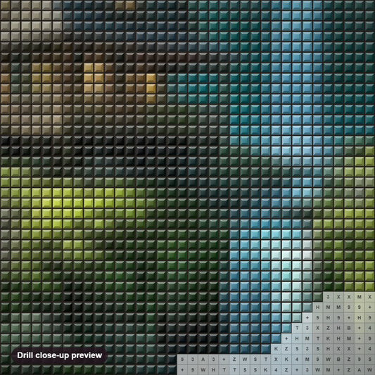 Close-up preview of the Serene Forest with Waterfall diamond painting with square 5D drills and printed canvas symbols