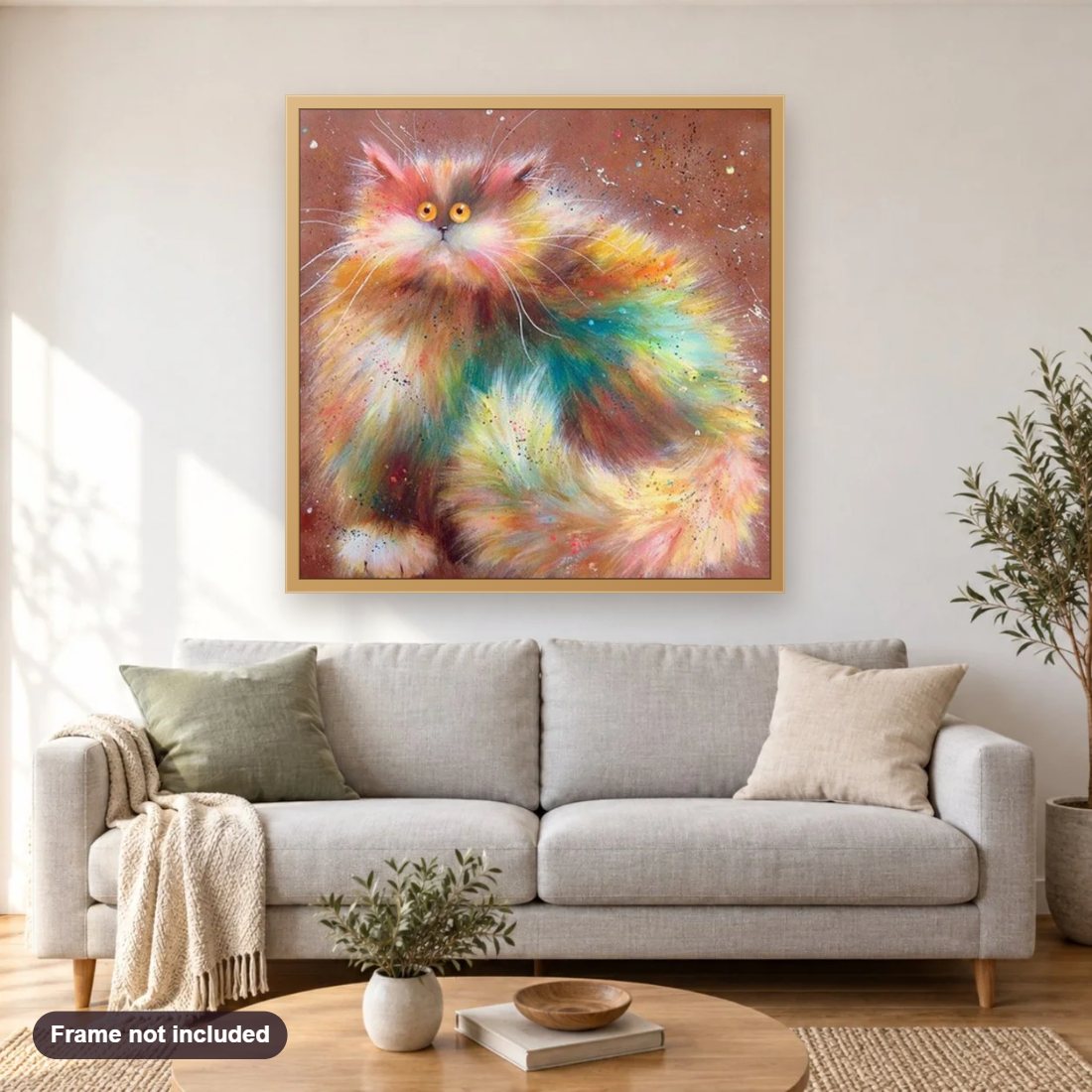 Shaggy Cartoon Cat diamond painting shown framed on a living room wall above a sofa
