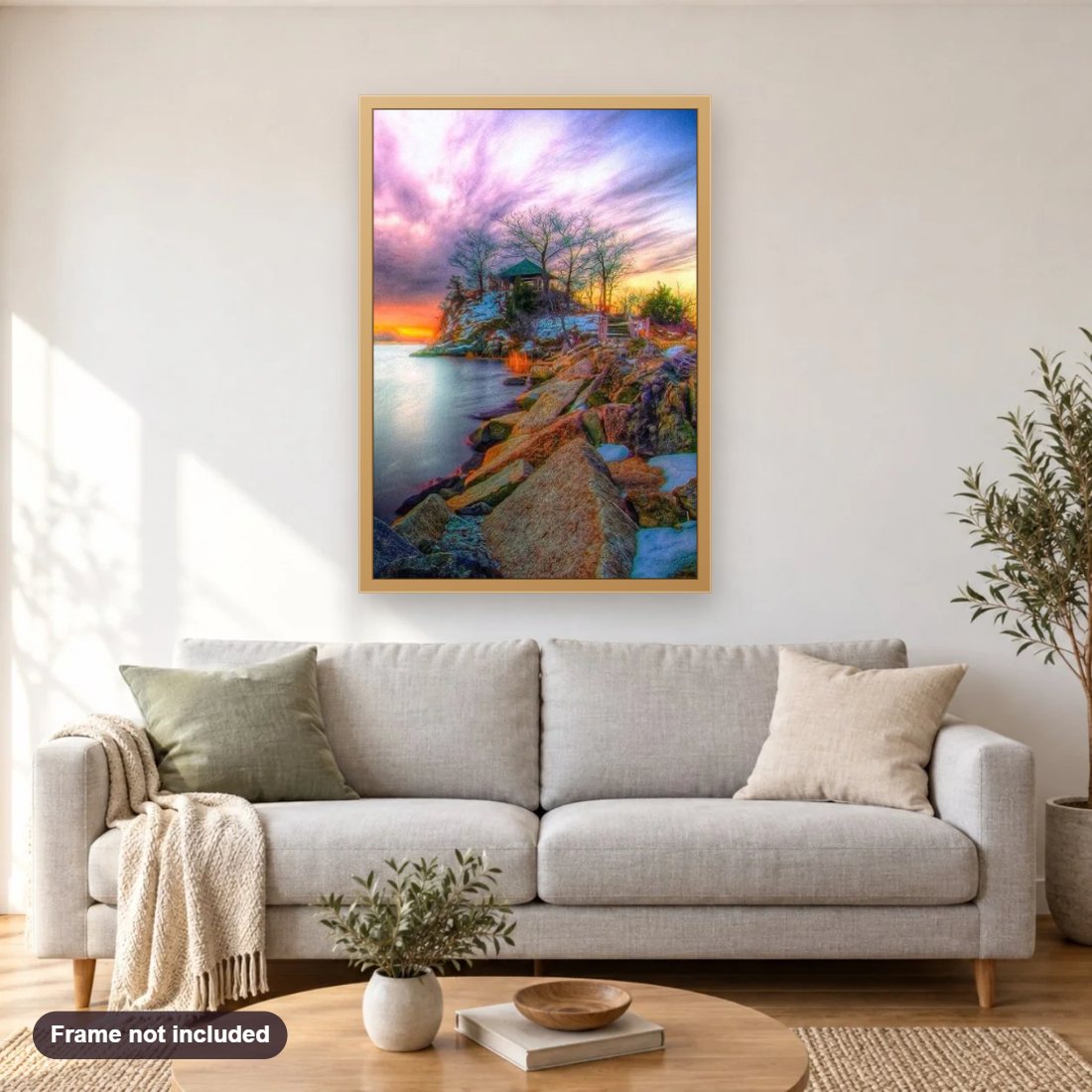 Shine Your Soul diamond painting shown framed on a living room wall above a sofa