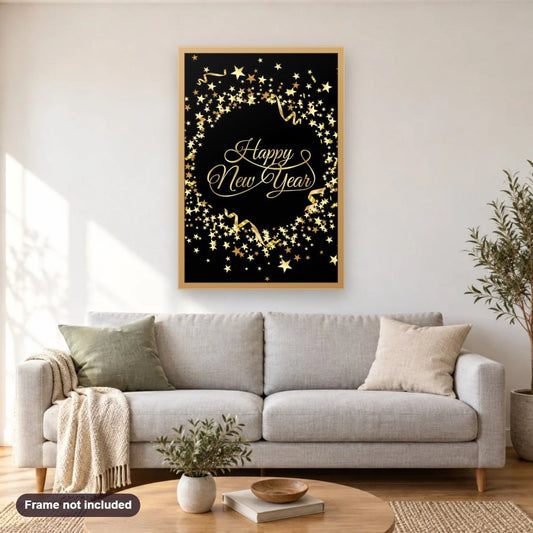 Shining Wishes for a Bright New Year diamond painting shown framed on a living room wall above a sofa