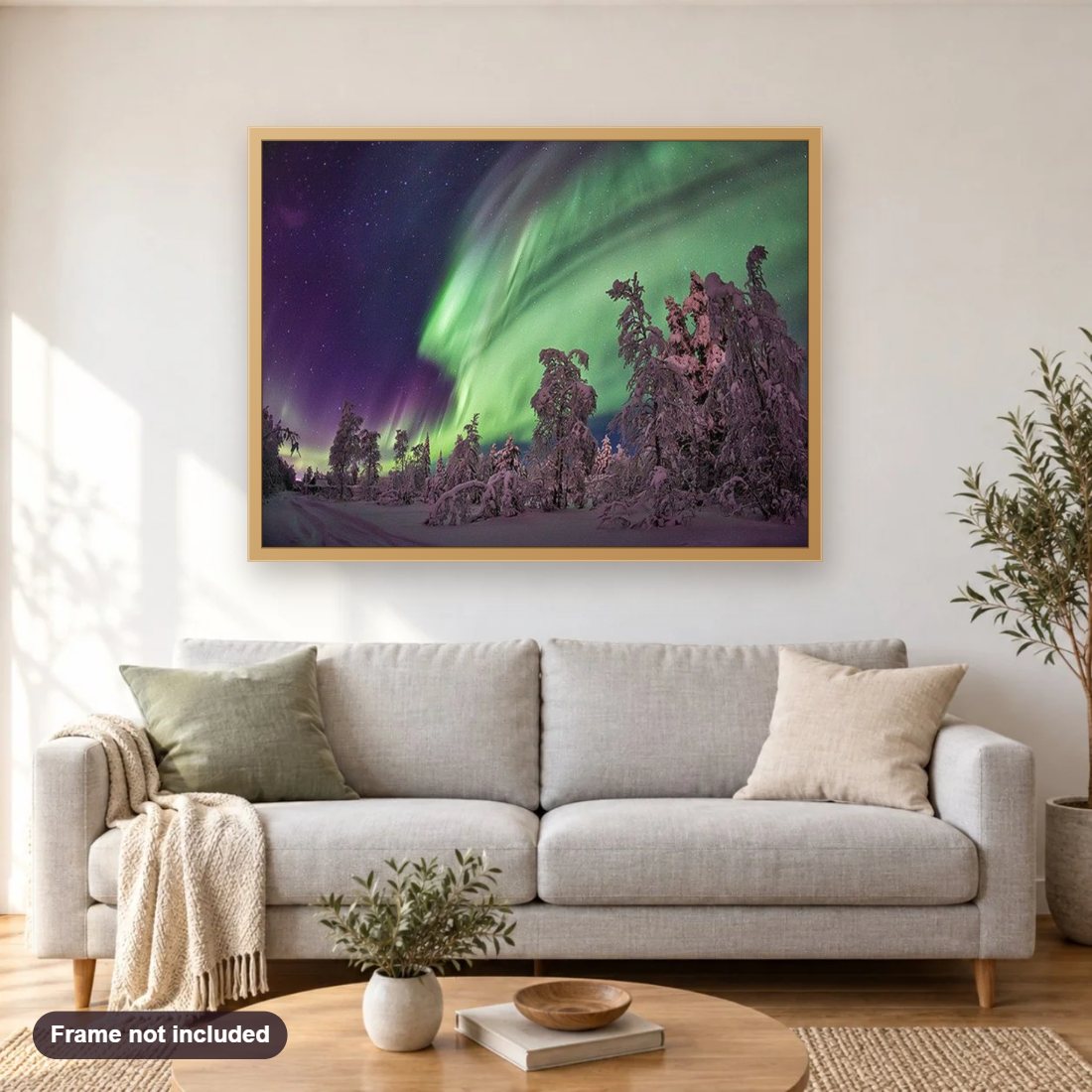 Shinning of the North diamond painting shown framed on a living room wall above a sofa