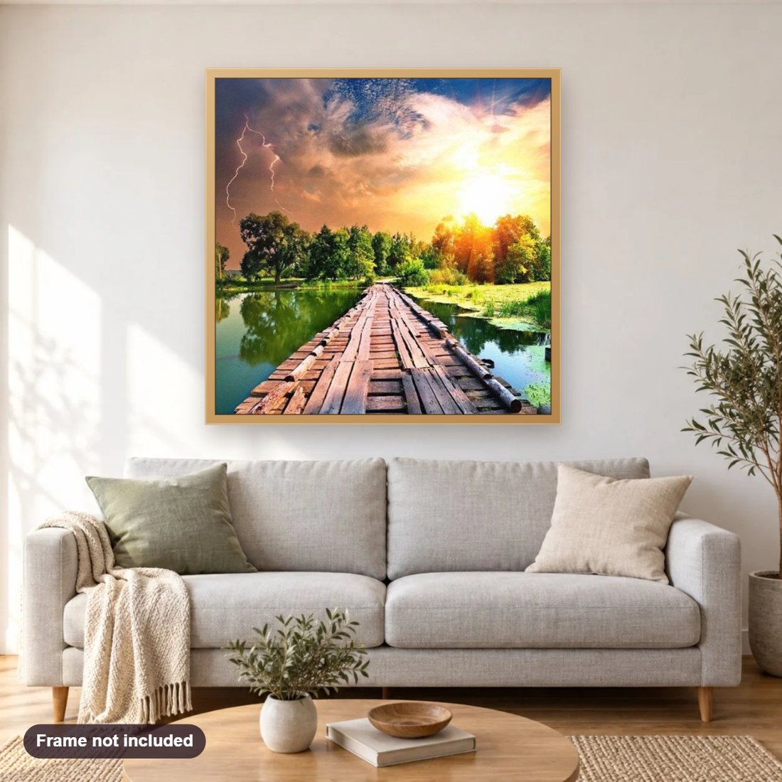 Shinning Sun & Striking Light diamond painting shown framed on a living room wall above a sofa