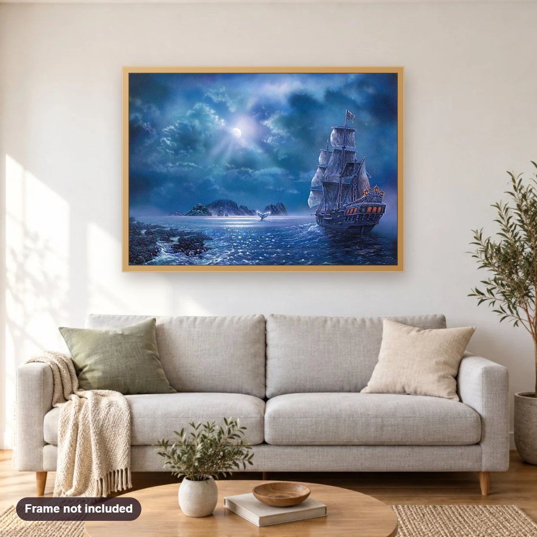 Ship in Ocean at Night diamond painting shown framed on a living room wall above a sofa