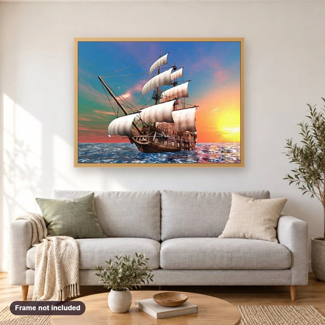 Ship in the Ocean diamond painting shown framed on a living room wall above a sofa