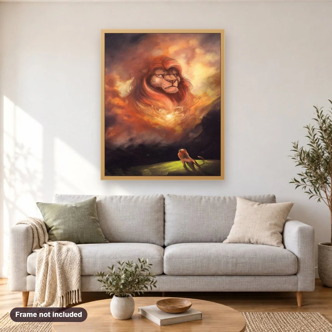 Simba & Lion King diamond painting shown framed on a living room wall above a sofa