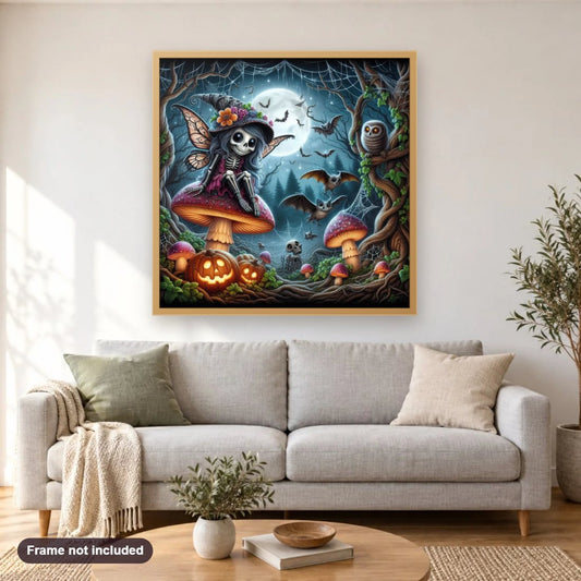 Skeleton Fairy diamond painting shown framed on a living room wall above a sofa
