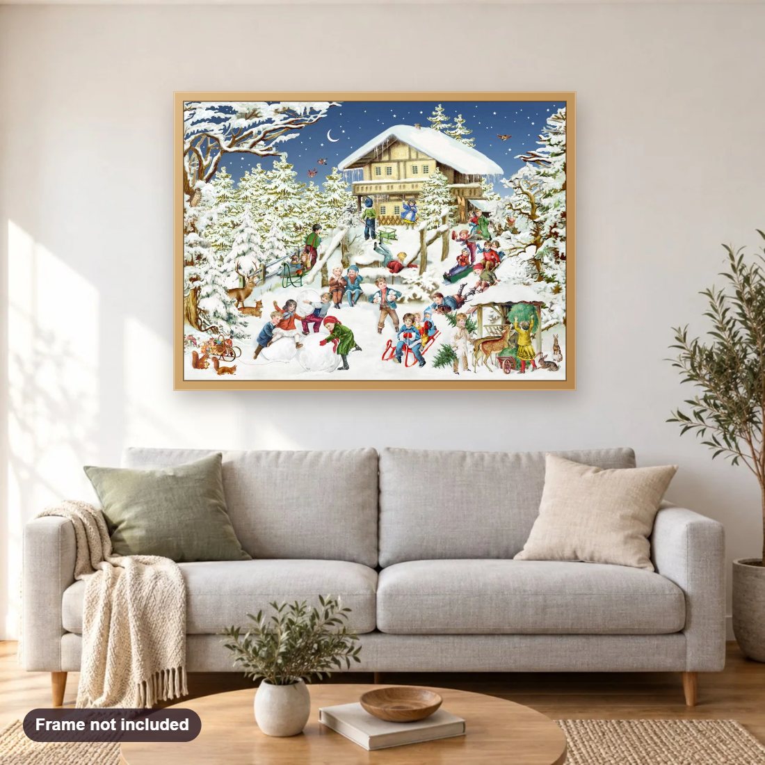 Ski lodge diamond painting shown framed on a living room wall above a sofa