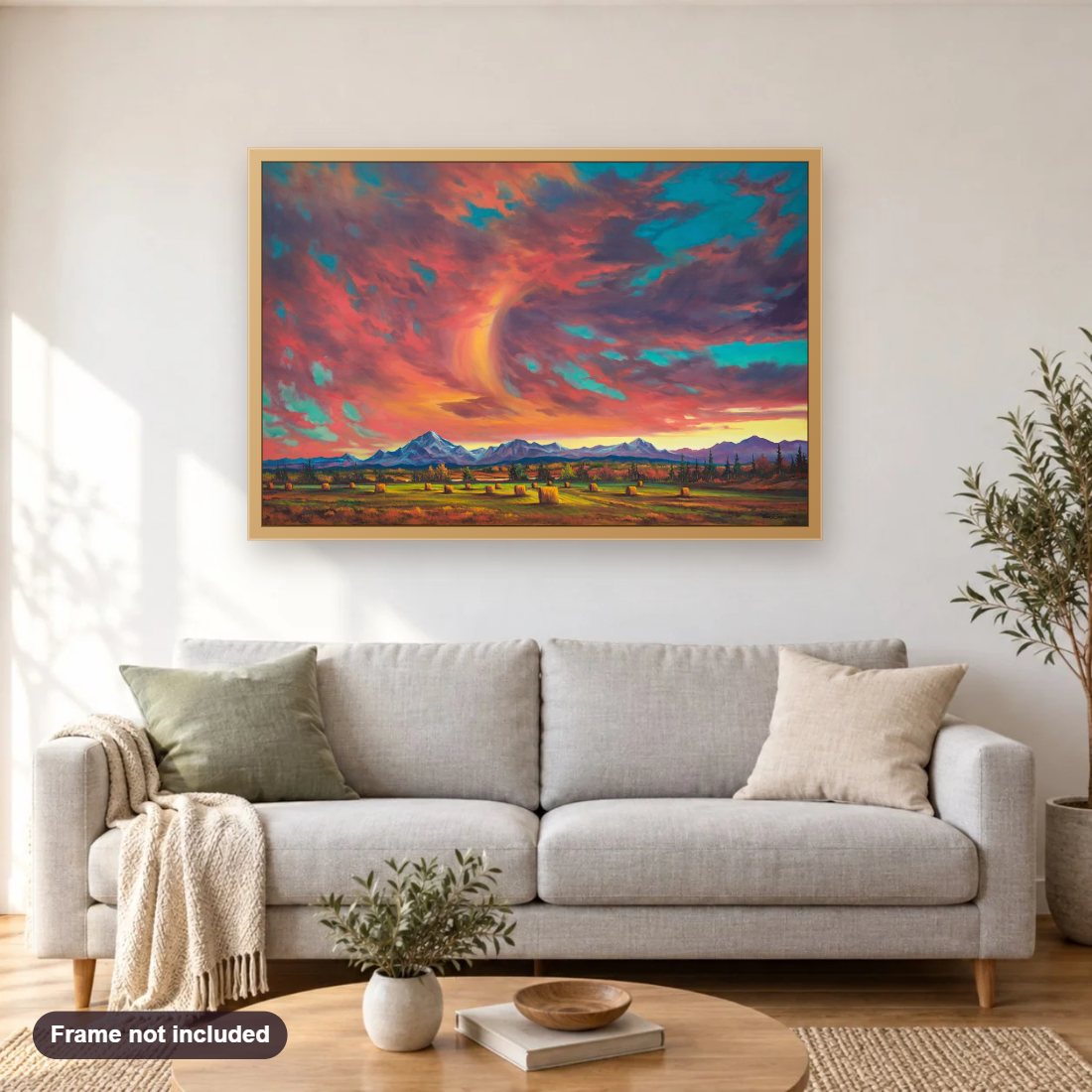 Sky Riders diamond painting shown framed on a living room wall above a sofa