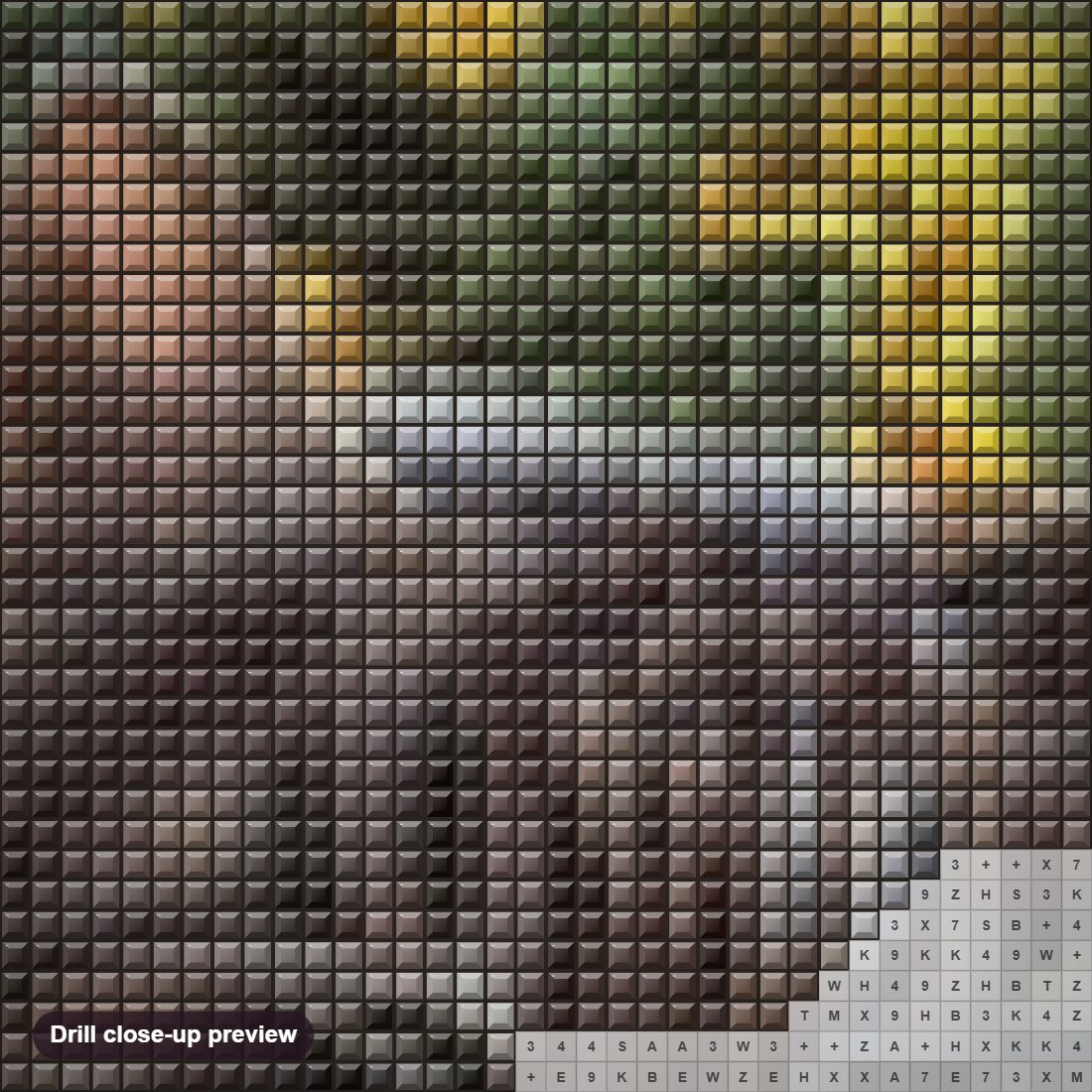 Close-up preview of the Sleeping Cat diamond painting with square 5D drills and printed canvas symbols