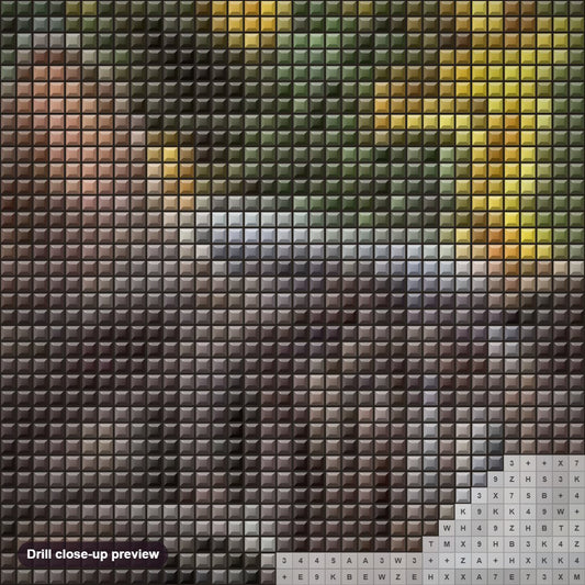 Close-up preview of the Sleeping Cat diamond painting with square 5D drills and printed canvas symbols