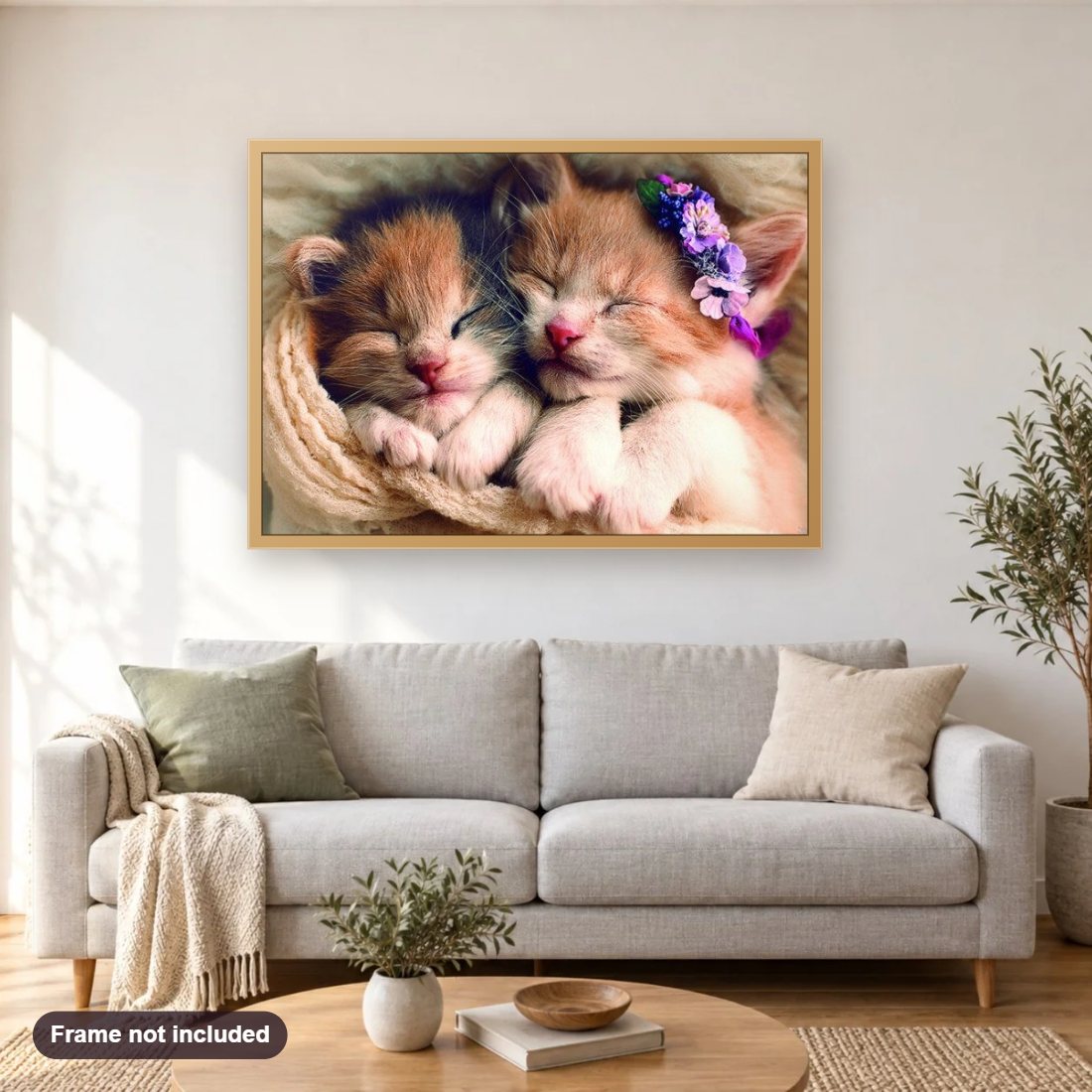 Sleeping Cute Kittens diamond painting shown framed on a living room wall above a sofa