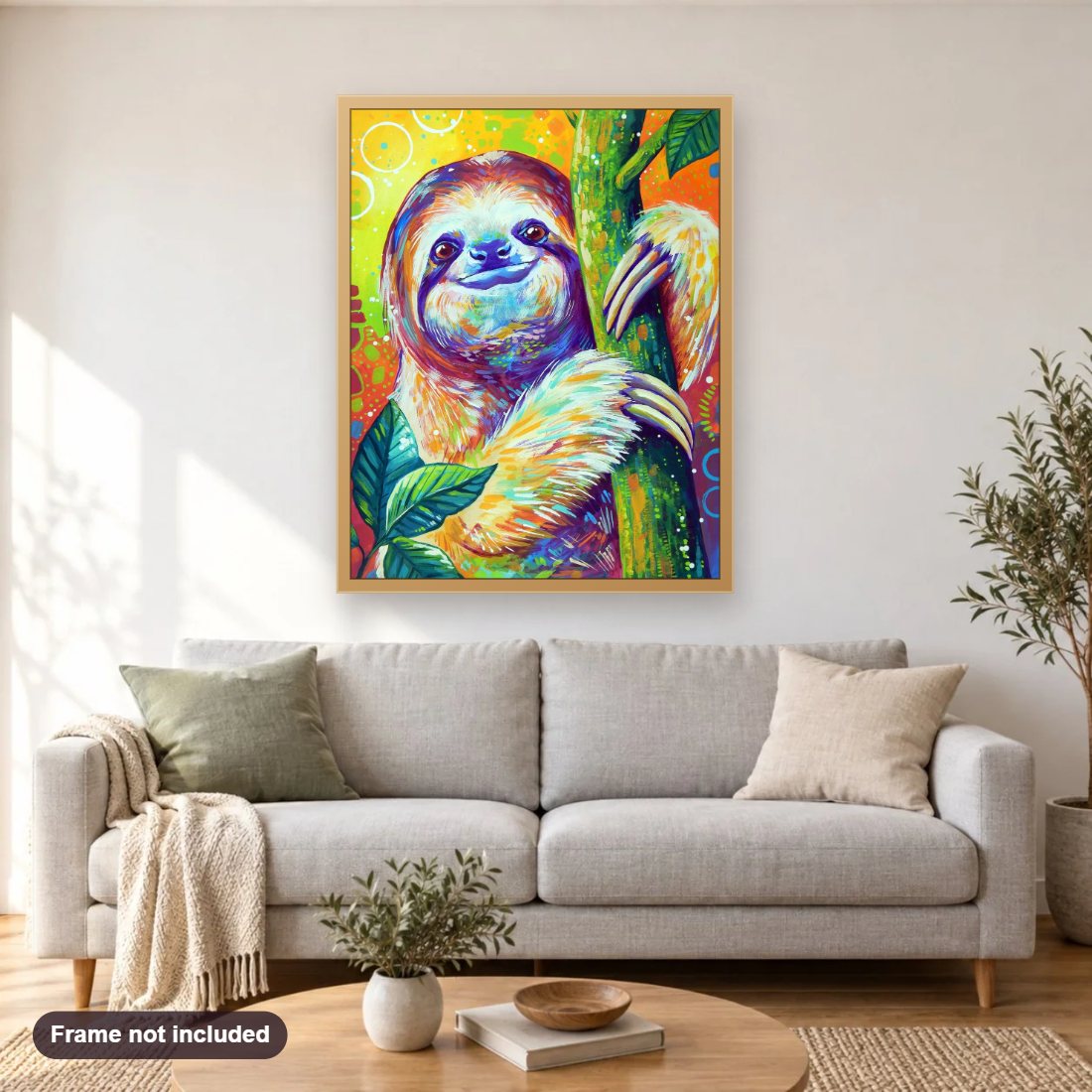 Sloth is just chillin diamond painting shown framed on a living room wall above a sofa