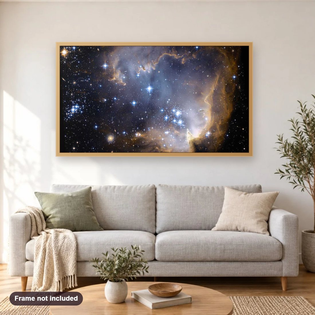 Small Magellanic Cloud NGC 602 diamond painting shown framed on a living room wall above a sofa