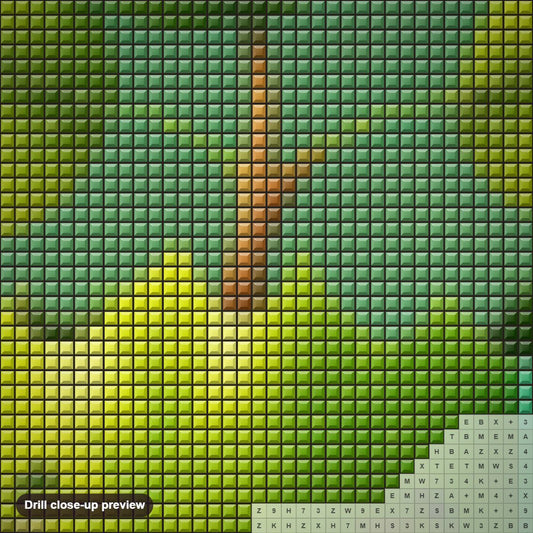 Close-up preview of the Smiling Cartoon Foliage diamond painting with square 5D drills and printed canvas symbols