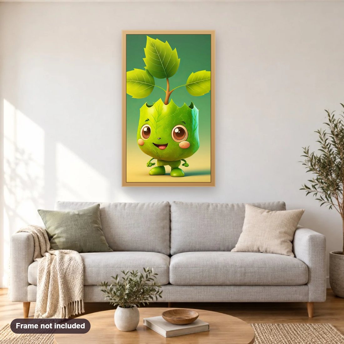 Smiling Cartoon Foliage diamond painting shown framed on a living room wall above a sofa