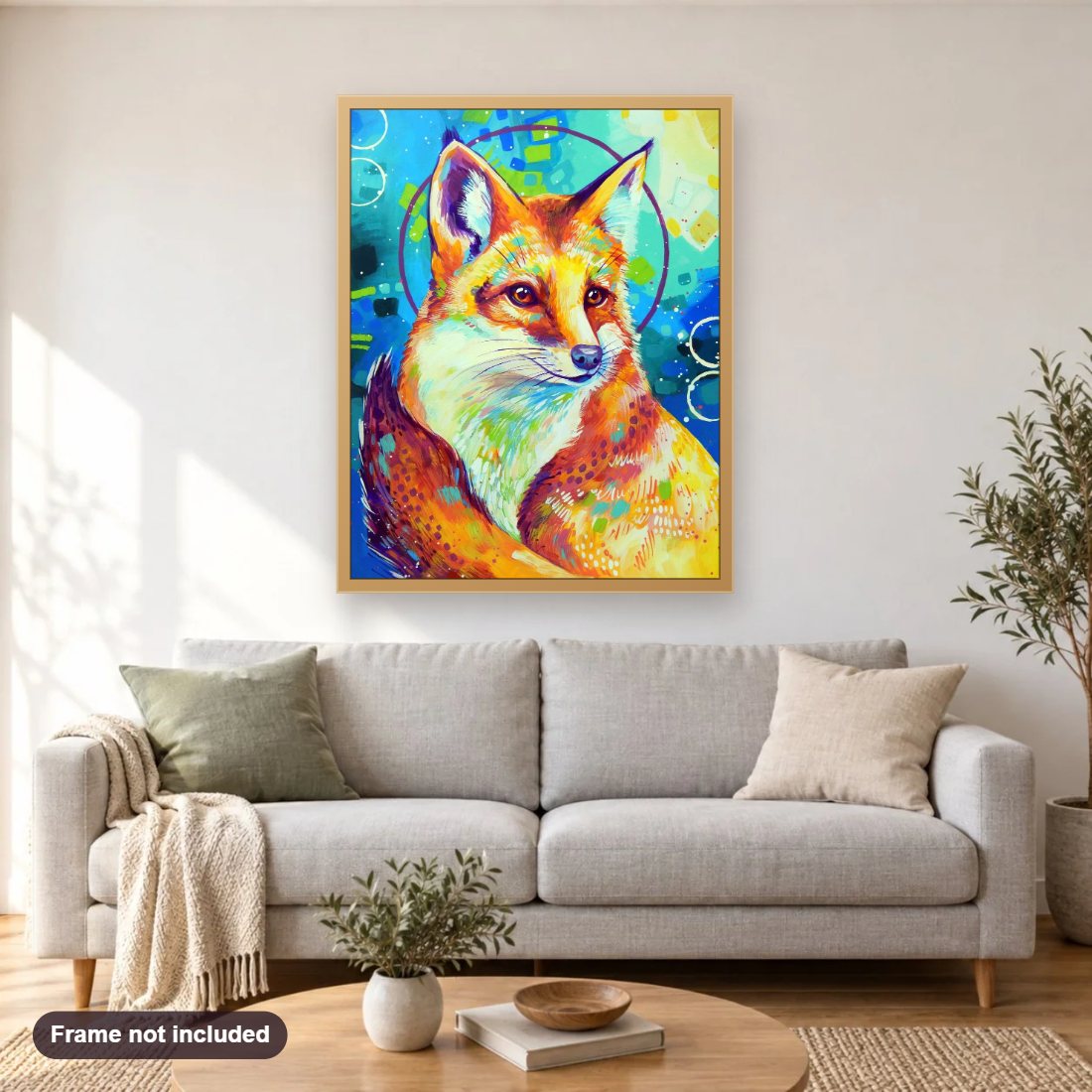 Smiling Fox diamond painting shown framed on a living room wall above a sofa