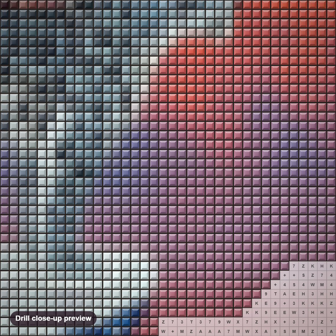 Close-up preview of the Snow Leopard & Red Sky diamond painting with square 5D drills and printed canvas symbols