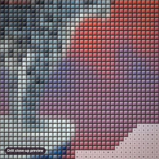 Close-up preview of the Snow Leopard & Red Sky diamond painting with square 5D drills and printed canvas symbols