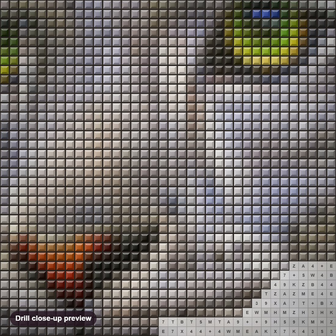 Close-up preview of the Snow Leopard with Green Eyes diamond painting with square 5D drills and printed canvas symbols