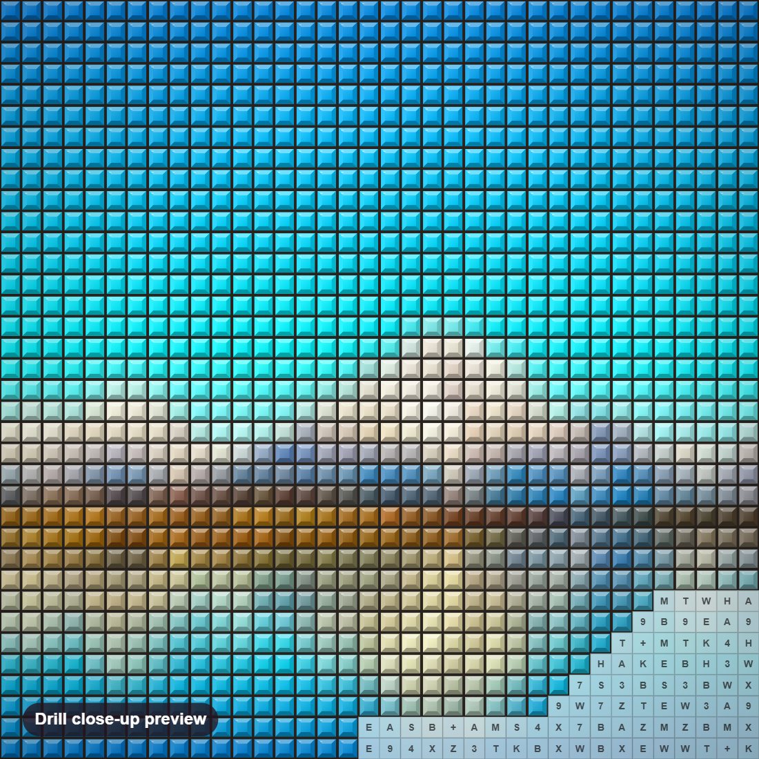 Close-up preview of the Snow Mountains & Beautiful Lake diamond painting with square 5D drills and printed canvas symbols