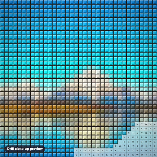 Close-up preview of the Snow Mountains & Beautiful Lake diamond painting with square 5D drills and printed canvas symbols