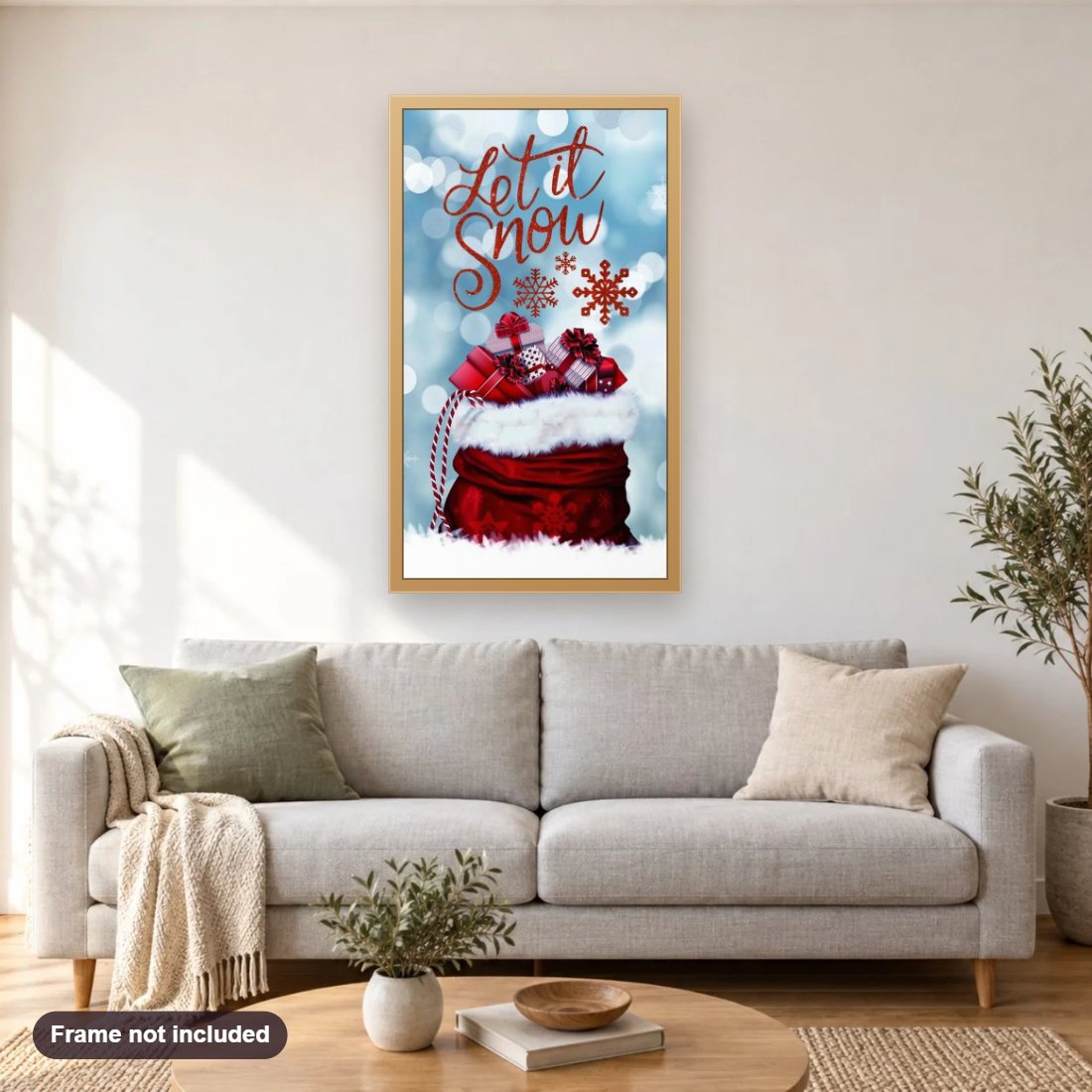Snowflakes and Sweet Memories diamond painting shown framed on a living room wall above a sofa