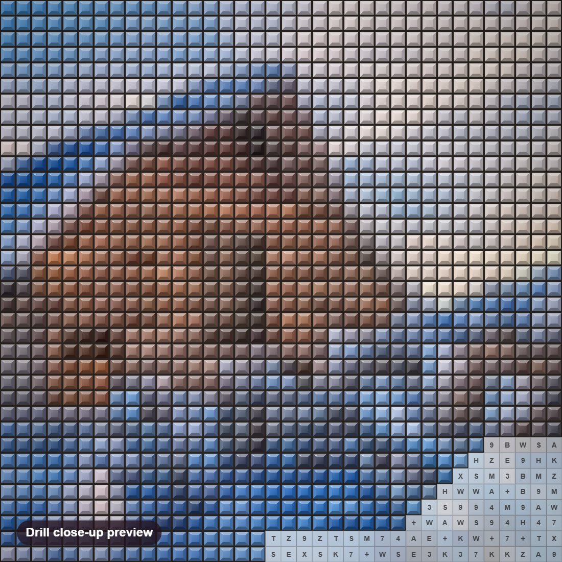 Close-up preview of the Snowy Cabin diamond painting with square 5D drills and printed canvas symbols