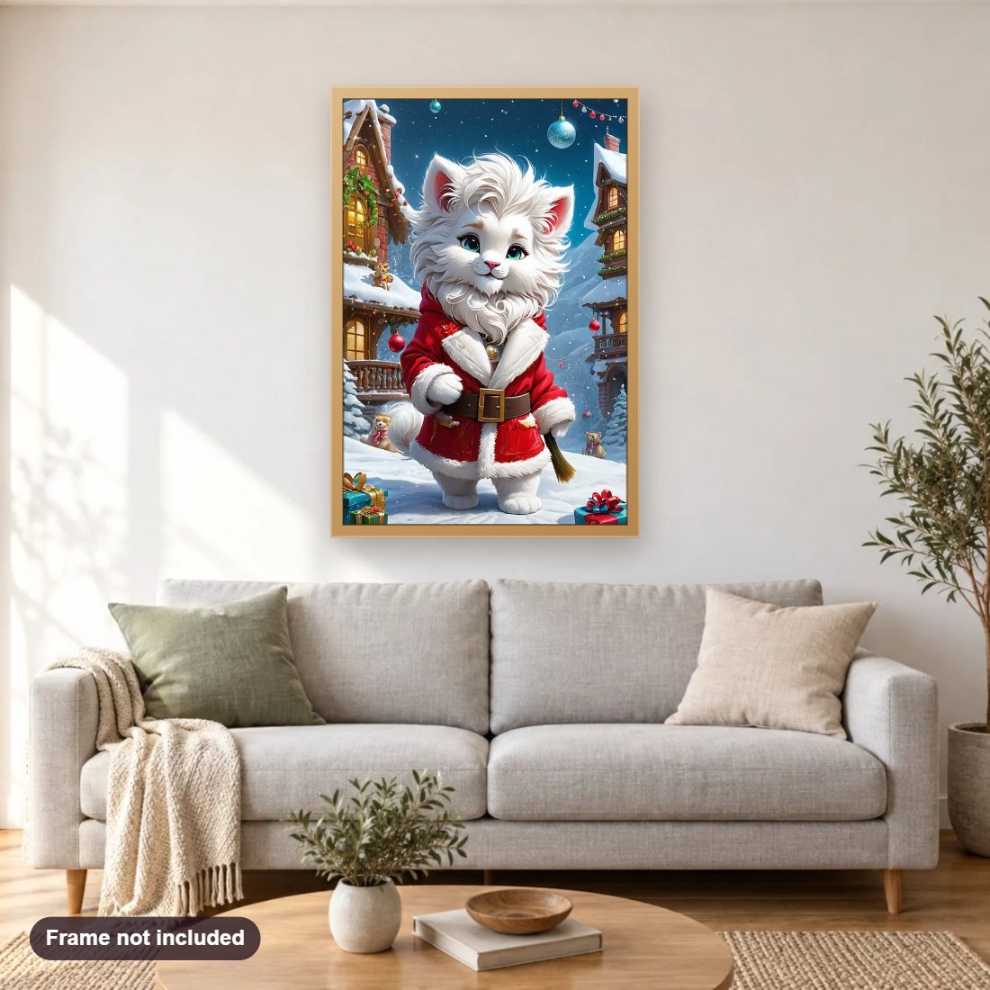 Snowy Christmas Magic diamond painting shown framed on a living room wall above a sofa