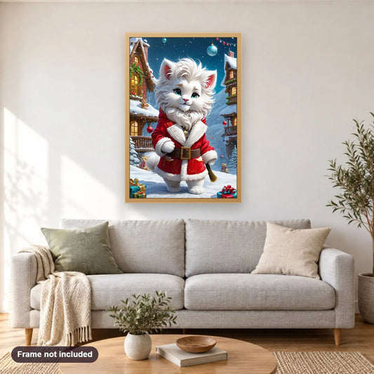 Snowy Christmas Magic diamond painting shown framed on a living room wall above a sofa